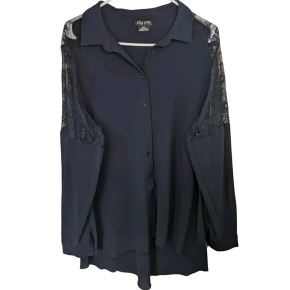 City Chic Button Down Shirt Lacy Hi-Lo Navy Blue Lace Long Sleeve Size 16 - Picture 2 of 11